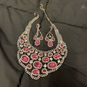 Pink and White Crystal Necklace and Earrings Set